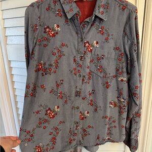 Anthropologie Blue and Red Floral corduroy shirt